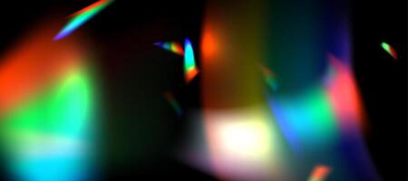 Rainbow blurred refraction overlay effect. Colorful light lens prism on dark background. Holographic reflection, iridescent crystal flare leak shadow overlay vector