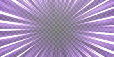 Radial speed rays, light neon flow, zoom in motion effect, purple glow speed lines, colorful light trails, perspective stripes. Abstract background, illustration. vector