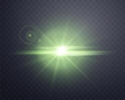 Green sunlight lens flare, sun flash with rays and spotlight. Glowing burst explosion on a dark background. illustration. vector