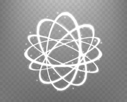 Atom particle, light effect glowing silver magic rings. Neon realistic energy swirl. Abstract light effect on . vector