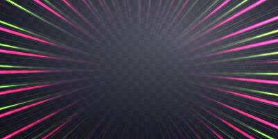 Radial speed rays, light neon flow, zoom in motion effect, pink and green glow speed lines, colorful light trails, perspective stripes Abstract background, illustration. vector