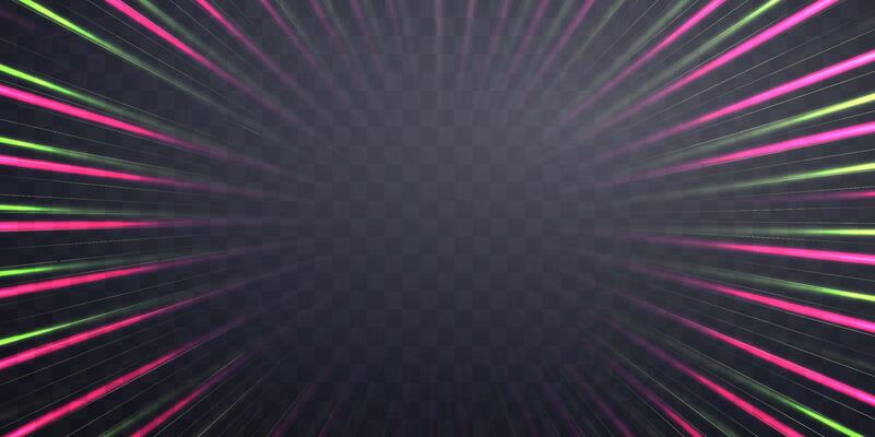 Radial speed rays, light neon flow, zoom in motion effect, pink and green glow speed lines, colorful light trails, perspective stripes Abstract background, illustration.