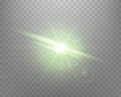 Green sunlight lens flare, sun flash with rays and spotlight. Glowing burst explosion on a transparent background. illustration. vector