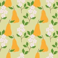 Seamless repeating background with Pear fruits and flowers. Hand drawn abstract patterned rapport with flowered punch ball for textile, wrapping, packing, print, paper, card, label. Food and nature vector