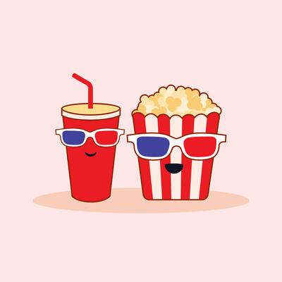 Popcorn and soda character wearing 3d glasses movie cinema. Cute mascot with happy face illustration