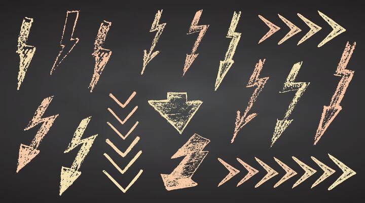 Set crayon hand drawn pastel arrows in different directions on black chalkboard Chalk, brush drawing bold elements Collection doodle thick geometric collage shapes Brutal contemporary figure