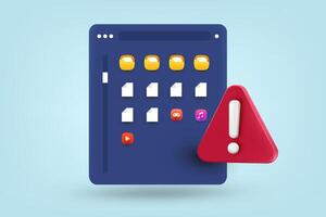 Interface window with red exclamation sign. 3d illustration vector