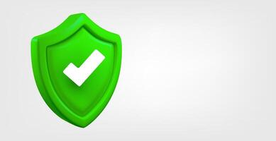 Green shield with check mark isolated on grey background. 3d banner with copy space vector