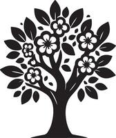 Black and white stylized flowering tree design, vector