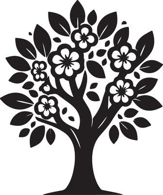 Black and white stylized flowering tree design,