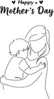 Minimalist illustration of a mother holding her toddler in a warm embrace drawn in clean line art style for modern Mothers Day design use vector