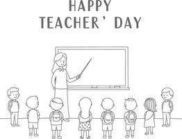 Minimalist hand drawn of Teachers Day with a female teacher at a podium in front of a group of students surrounded by school themed sketch icons vector
