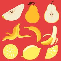 Set of yellow fruits on a red background. Yellow and orange fruits and vegetables. Set of stickers slices and pieces of fruit. banana in a peel and a bitten banana, banana peel. vector