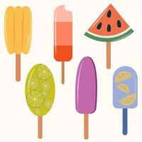 set of colorful ice creams. frozen juice, ice cream with fruits. Colorful illustrations stickers on summer theme. set for screensavers icons. stickers, cards, ice cream for party vector