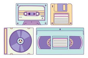 Set of Nostalgic Data Storage Devices. Cassette Tape, Floppy Disk, Compact Disc and VHS Tape in Pastel Colors. Retro Media Icons for 80s-90s Vintage Tech Lovers vector