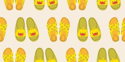 Seamless pattern with different summer cute slippers. Endless texture with fashionable and stylish home shoes for printing. Colored flat illustration. vector