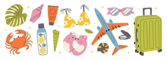 A bright set of summer illustrations on a summer and beach theme vector