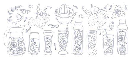 Set of lemonade elements, lemon, ice, straw. Slice lemon, whole, half. Glass, pitcher, jar, jug, bottle. element of smoothie lemonade fresh juice detox in flat cartoon style illustration vector