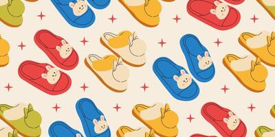 Seamless pattern with different summer house slippers. Endless texture with fashionable and stylish house shoes for printing. Colored flat illustration. vector