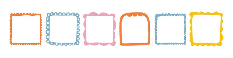 Different doodle wave curve edge frame. Hand drawn wavy rectangle borders. Doodle brush drawn square and circle picture frame. illustration isolated on white background. vector