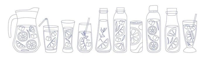Bright lemonade juice in different glasses and pitcher. Set of refreshing drinks with ice and straw in glass cups. Summer cold drinks, hand drawn yellow lemons slices and leaves vector