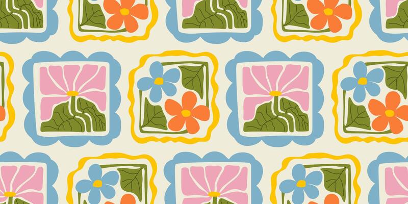 Retro groovy flower power background. Vintage 1970s floral seamless pattern. Hippie fun wallpaper. 1960s print for fabric, wrapping paper, stationery