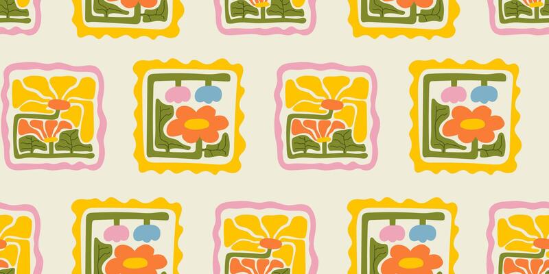 Colorful floral seamless pattern illustration. Vintage style flower frame background design. Geometric natural wallpaper print, spring season nature backdrop texture with flowers.