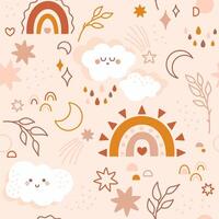 Baby seamless pattern drawn in Bohemian gender neutral colors. Colorful kawaii clouds, rainbows, beautiful twigs and dots with crescents on a beige background. vector