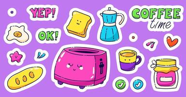 A set of kawaii stickers for a coffee-themed diary planner drawn in bright neon color. Includes a toaster with a cute smile, egg, geyser coffeemaker, jam, bread and two texts. vector
