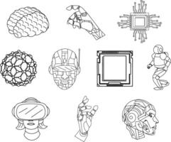 A modern collection of line style illustrations featuring artificial intelligence elements for tech designs, innovation projects, educational content, and futuristic themes vector