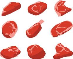 A collection of raw sliced meat illustrations in various cuts and styles. Ideal for butcher shop visuals, culinary designs, recipe content, food packaging, and restaurant menus. vector