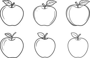 Set of Six Apple Line Art Illustrations - Minimal Fruit Outlines with Leaf Variations vector