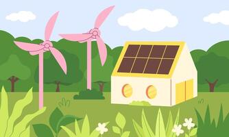 Concept of ecology, green energy. A house with solar panels stands in the middle of a forest vector