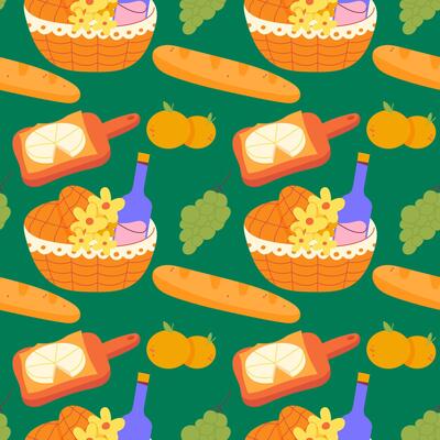 Summer picnic seamless pattern on green background