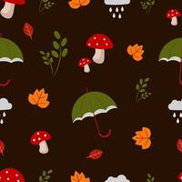 Seamless, autumn pattern with umbrellas, mushrooms and leaves on a brown background vector