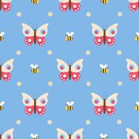 Seamless pattern with butterflies and bees on a blue background vector