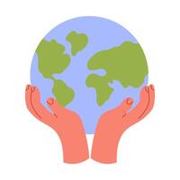 Man holds the globe in his hands. Flat style illustration isolated on white background vector