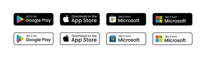 get it on google play, download it from apple store, get it on microsoft store buttons app icons set collection vector