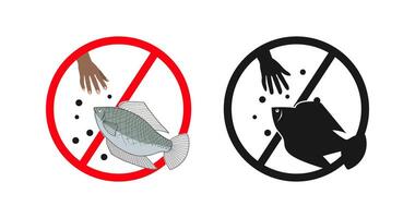 Do not feed fish prohibition sign with hand dropping food and fish, color and silhouette vector