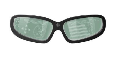 Smart glasses showing user interface with control buttons and audio player vector