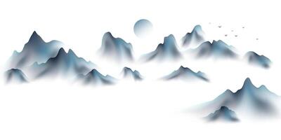 A set of mountains with clouds and birds flying over them vector