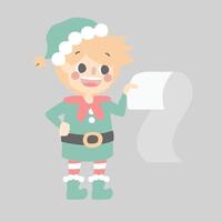 merry christmas and happy new year with cute little elf dwarf looking at paper, list of gift, blank sign vector
