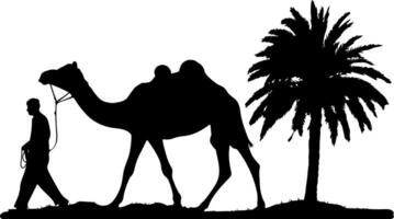 A silhouette of a man is walking in the desert, followed by camel, the man holding the end of the rope tied to the camel's face. A date palm tree stands next to it. vector