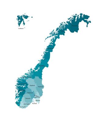 isolated illustration with simplified map of Norway, blue silhouettes of regions. Names of counties. White background