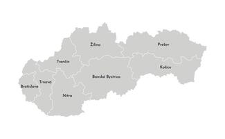 isolated illustration of simplified administrative map of Slovakia. Borders and names of the provinces, regions. Grey silhouettes. White outline. vector
