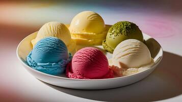 A bowl of ice cream with different colored scoops photo
