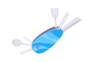 Blue Multitool Pocket Knife Displaying Fork, Knife, Spoon, Corkscrew and Tools vector