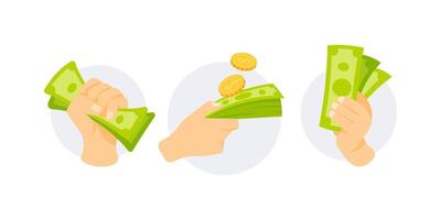 Hands holding, squeezing and dropping money and coins vector