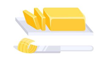 Butter curl on knife and whole stick with slices on cutting board vector