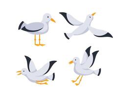 Seagull flying and standing, flapping wings and screaming, cartoon set vector